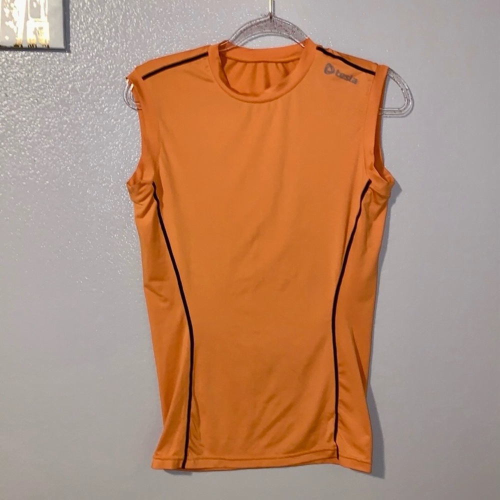 Tesla orange stretchy fitted sleeveless athletic muscle shirt